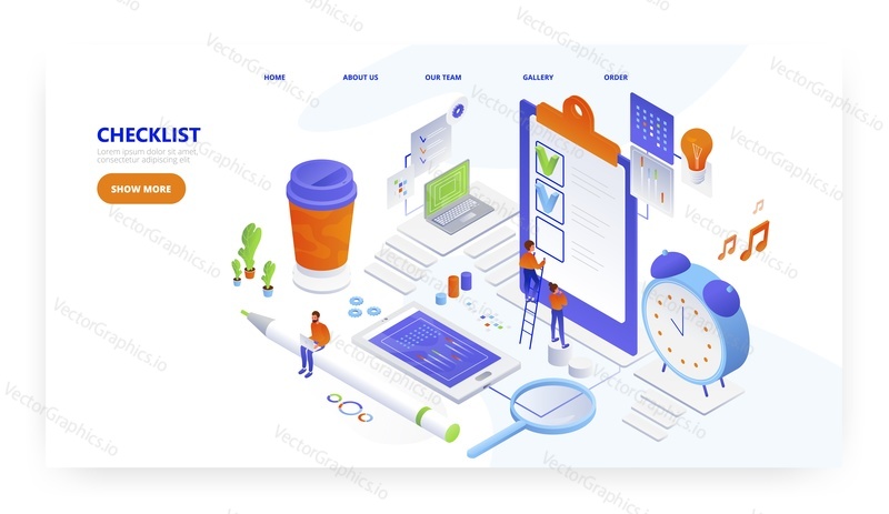 Checklist, landing page design, website banner template, flat vector isometric illustration. Office people mark completed tasks on to do list or checklist on clipboard. Task management.