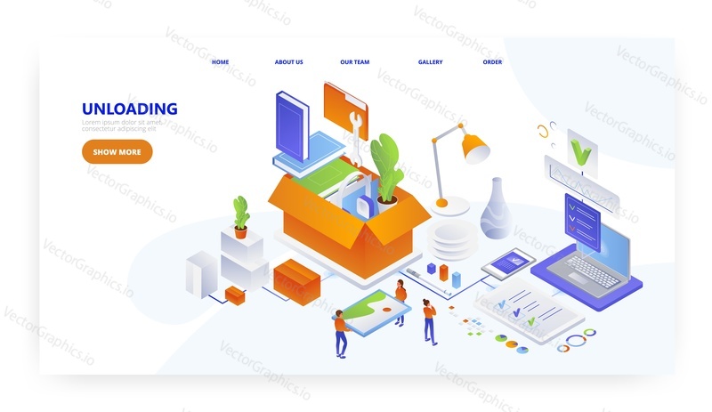 Unloading services, landing page design, website banner template, flat vector isometric illustration. People unloading cardboard box. Relocation.