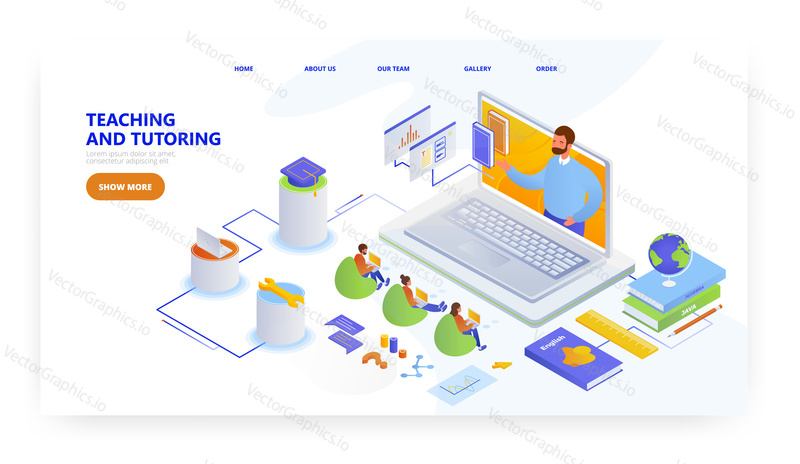 Teaching and tutoring, landing page design, website banner template, flat vector isometric illustration. Webinar, online education, seminar, distance learning, remote teaching.