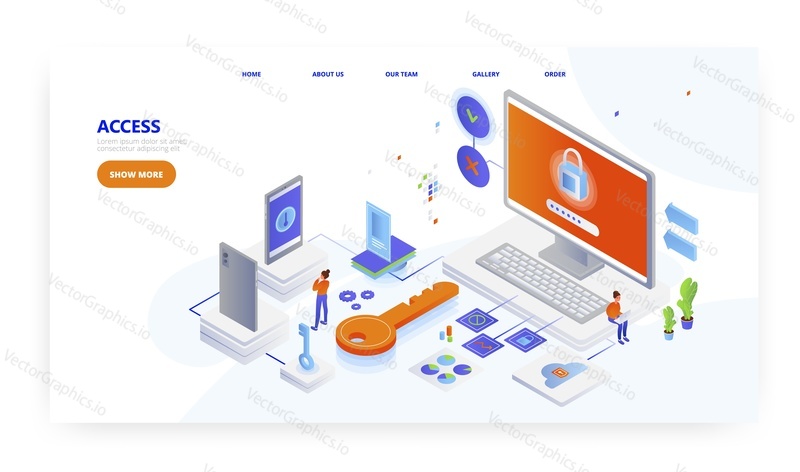 Access, landing page design, website banner template, flat vector isometric illustration. Secure password login information to access apps and accounts.