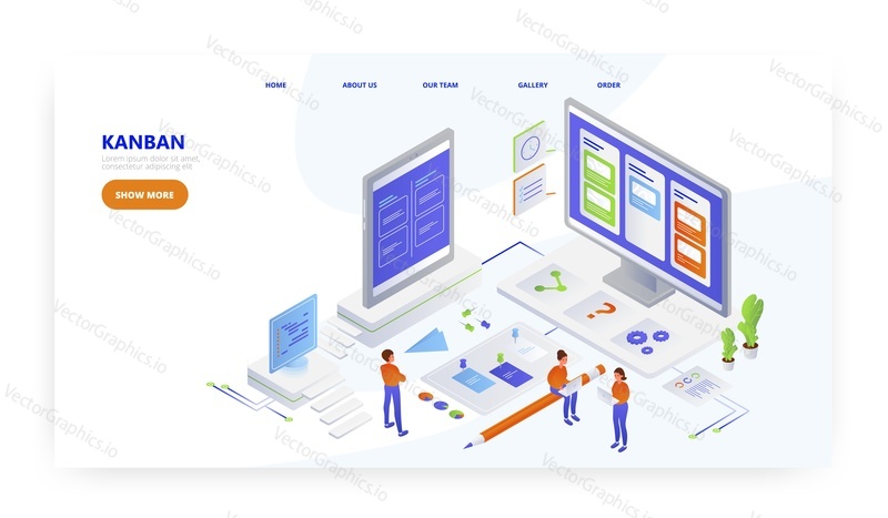 Kanban, landing page design, website banner template, flat vector isometric illustration. Scrum or kanban task board, agile software development.