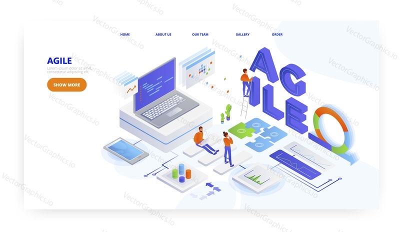 Agile methodology, landing page design, website banner template, flat vector isometric illustration. Agile software development.