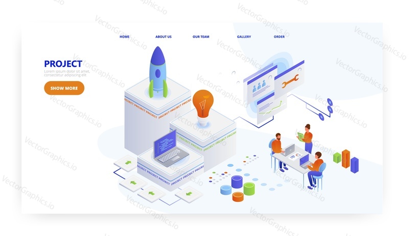 Project, landing page design, website banner template, flat vector isometric illustration. Innovative business project startup.