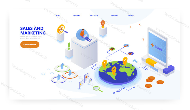 Sales and marketing, landing page design, website banner template, flat vector isometric illustration. Products sales and promotion. Digital marketing.