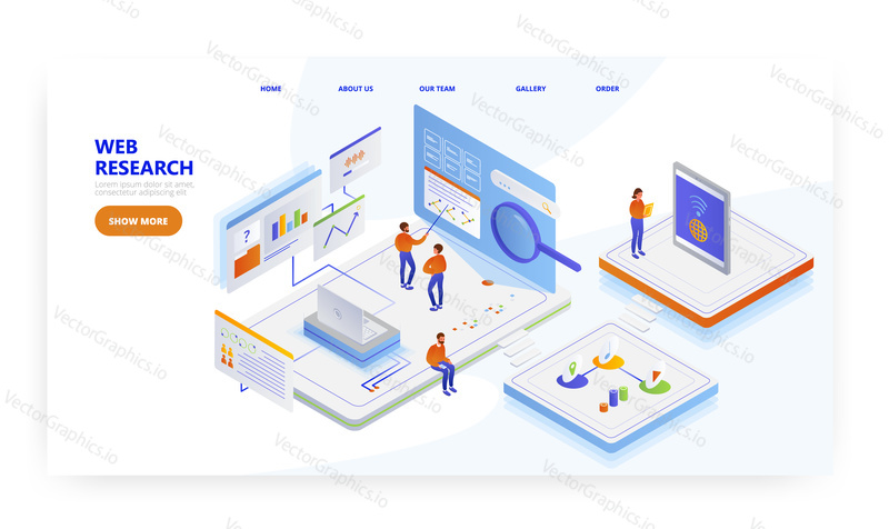 Web research, landing page design, website banner template, flat vector isometric illustration. People using internet information for research, report.