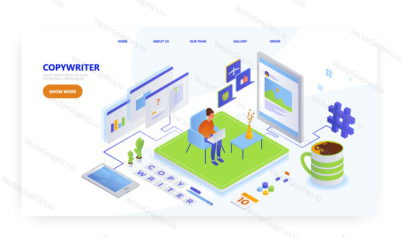 Copywriter, landing page design, website banner template, flat vector isometric illustration. Blogging, content management.