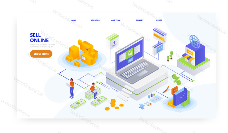 Sell online, landing page design, website banner template, flat vector isometric illustration. Electronic commerce, retail business, online merchant.