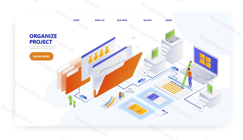 Organize project, landing page design, website banner template, flat vector isometric illustration. Project management.