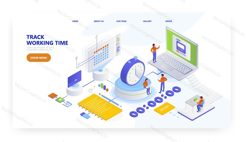 Track working time, landing page design, website banner template, flat vector isometric illustration. Time tracking app. Workload management.