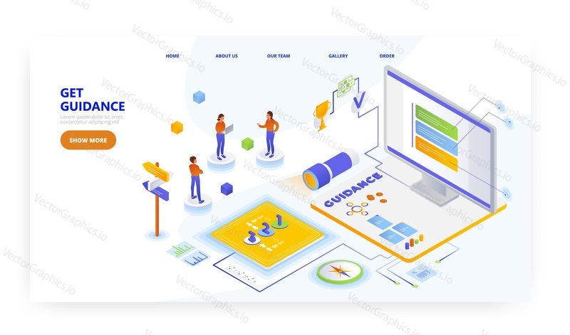 Get guidance, landing page design, website banner template, flat vector isometric illustration. User guide. User manual. Find guidance, advice, answer and information.