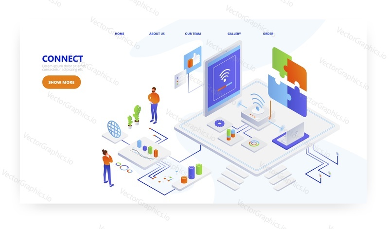 Connect, landing page design, website banner template, flat vector isometric illustration. Wifi internet connection. Wireless technology.