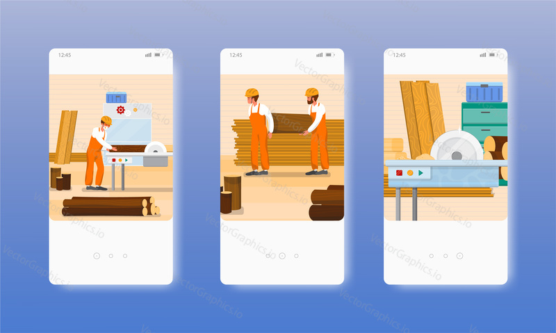 Woodworker making furniture from wood. Joinery. Woodworking. Carpentry workshop. Mobile app screens. Vector banner template for website and mobile development. Web site and UI design illustration.