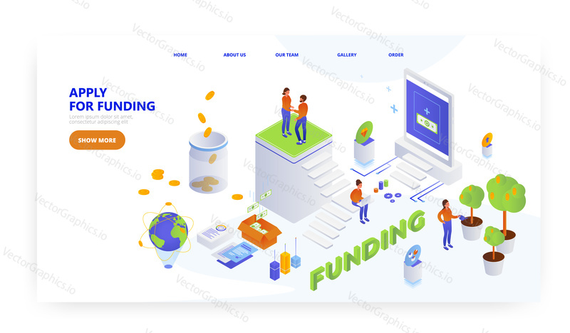 Apply for funding, landing page design, website banner template, flat vector isometric illustration. Sources of finance for starting business project.