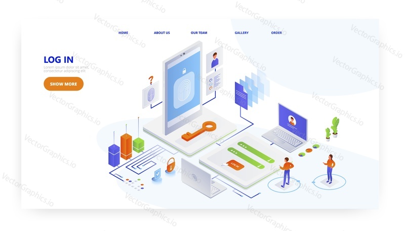 Log in, landing page design, website banner template, flat vector isometric illustration. Login authorization, password, personal account access.