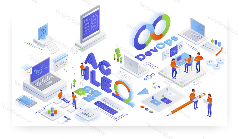 Devops and Agile software development, flat vector isometric illustration. Agile relationship between development and IT operations. Teamwork.