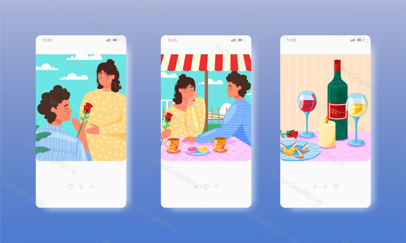 Romantic dinner. Happy couple having date in restaurant, cafe. Mobile app screens. Vector banner template for website and mobile development. Web site and UI design illustration.