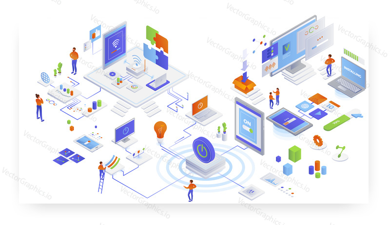 Computers and information technology, flat vector isometric illustration. IT service delivery, cdn. Software programs, apps installation. Wifi internet connection. Wireless network technology.