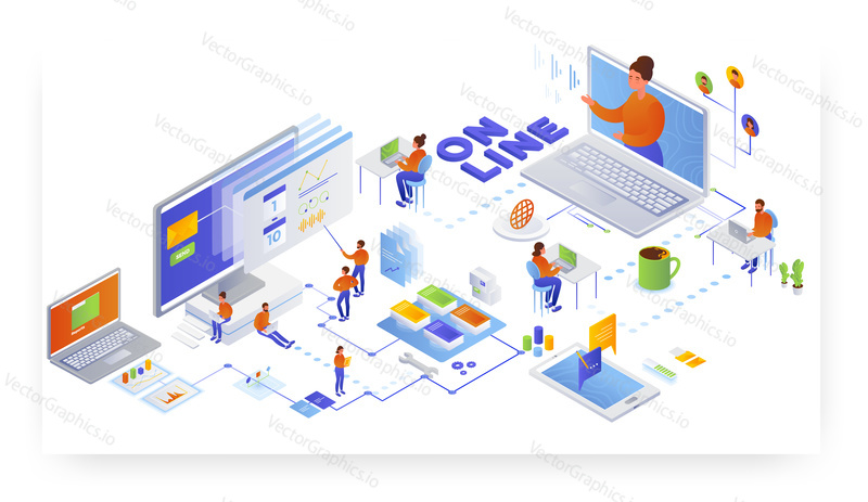 Online teaching and tutoring, flat vector isometric illustration. Webinar, online education, seminar, distance learning, remote teaching.