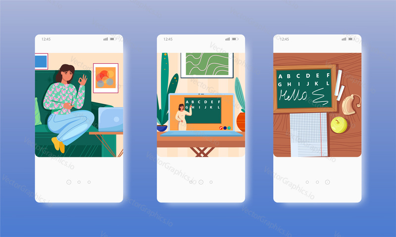 Inclusivity. Deaf mute sign language. Online inclusive education. Mobile app screens. Vector banner template for website and mobile development. Web site and UI design illustration.