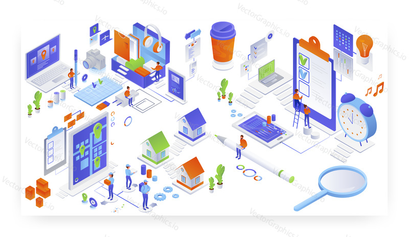 People packing cardboard box, marking checklist, flat vector isometric illustration. Online home delivery, package tracking service.