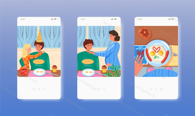 Happy Fathers day. Dad having breakfast with his daughter and pregnant wife. Mobile app screens. Vector banner template for website and mobile development. Web site and UI design illustration.