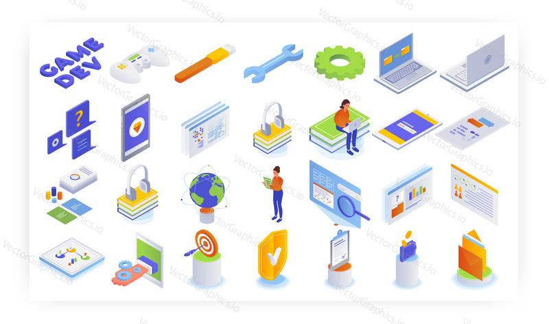 Isometric mobile and computer gaming icon set, flat vector isolated illustration. Video game development concept.