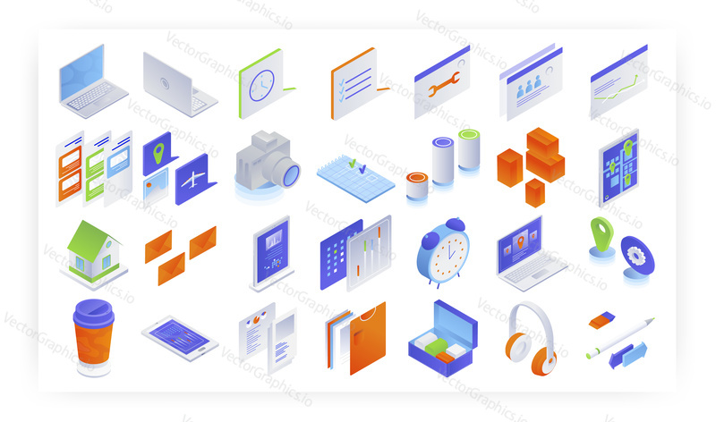 Isometric business icon set, flat vector isolated illustration. Time management, delivery tracking services, task management.