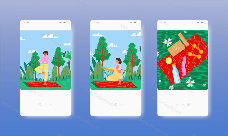 Happy women practicing outdoor yoga. Healthy lifestyle, recreation, relaxation. Mobile app screens. Vector banner template for website and mobile development. Web site and UI design illustration.