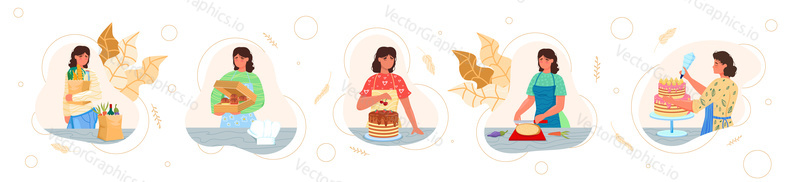 Housewife characters carrying shopping bag with groceries, carton box with cupcakes, cooking and decorating homemade cake, flat vector isolated illustration.