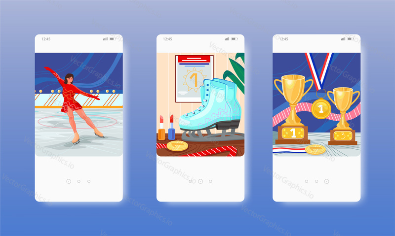 Woman skater dancing on ice rink. Figure ice skating championship show, training. Mobile app screens. Vector banner template for website and mobile development. Web site and UI design illustration.