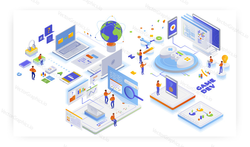 Game development, flat vector isometric illustration. Gaming industry. Mobile and computer games production.