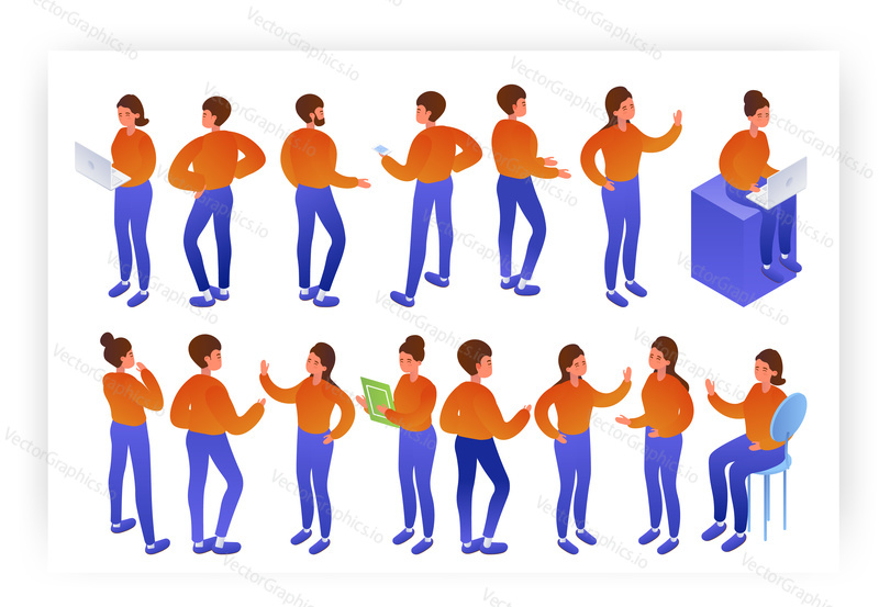 Office people, male and female cartoon character set, flat vector isolated illustration. Isometric business men and women talking showing hand gestures, working on computer, thinking.