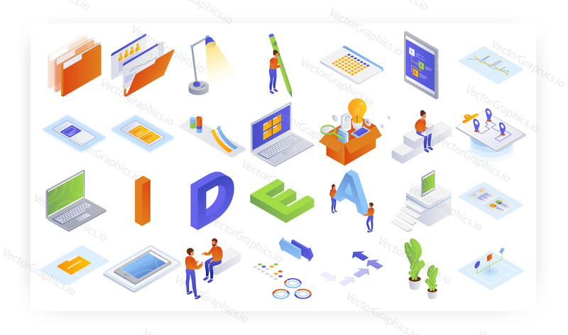 Isometric business icon set, flat vector isolated illustration. Creative thinking, innovative idea generation concept.