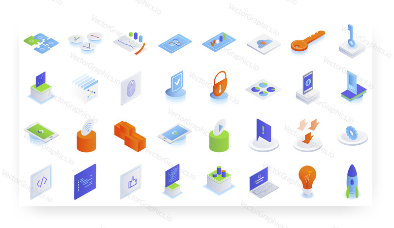 Isometric business icon set, flat vector isolated illustration. Business rocket launch, project startup, creative idea concept.