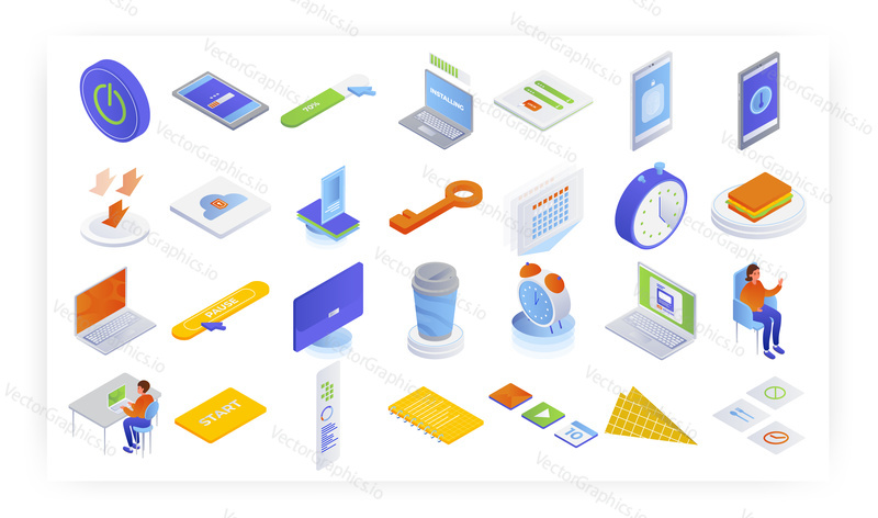 Isometric business icon set, flat vector isolated illustration. Software installation process, break reminder concept.