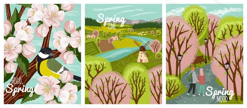 Spring time vector hand drawn posters. Spring season illustrations of happy couple walking in a park, rural landscape with farm and windmill and great tit bird on a cherry blossom branch.