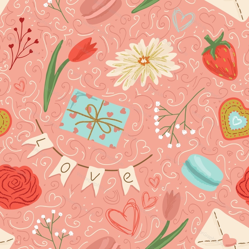 Valentines day seamless pattern, vector illustration. 14 February Valentine day design decoration background with flowers, candy, letter.