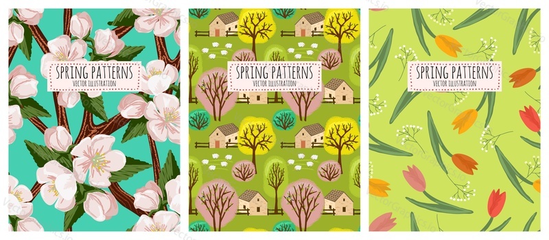 Spring flower seamless pattern. Vector set of floral background patterns. Cherry sakura blossom, village farm houses with trees, tulip flowers.