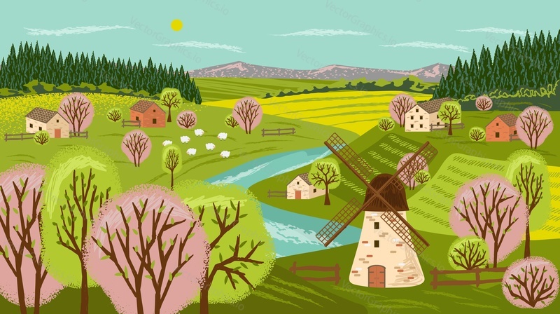 Farm landscape vector hand drawn poster. Rural countryside scene with house, farm, windmill and agriculture field. Village land with sheep on a meadow next to river.