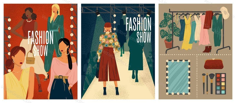 Fashion show concept vector illustration. Hand drawn set of fashion week posters with models on a catwalk podium. Woman in different design dress. Clothes design collection.