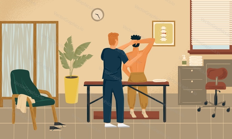 Osteopathy and massage therapy concept vector illustration. Professional male masseur helps man with back pain. Doctor therapist in massage clinic.
