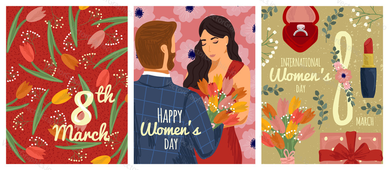International women day posters and cards, vector illustration set. Man gives flowers bouquet to woman. 8 March holiday banner with tulip flower pattern background. Happy women day design.