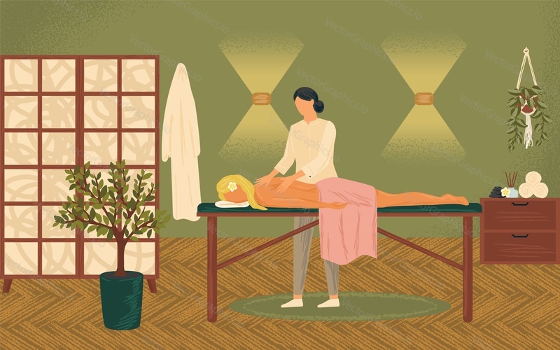 Relaxed woman getting thai massage in wellness spa concept vector illustration. Massage therapy and body treatment poster.