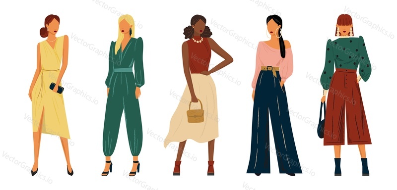 Fashion models in design clothes vector hand drawn illustration. Woman in stylish dress set of characters. Mannequins in fashion outfit.