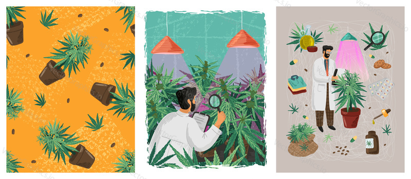 Scientist and doctor examines the cannabis plant through hand lens. Medical hemp lab concept vector illustrations and posters. Seamless pattern with marijuana flower pots. Weed cbd medical research.