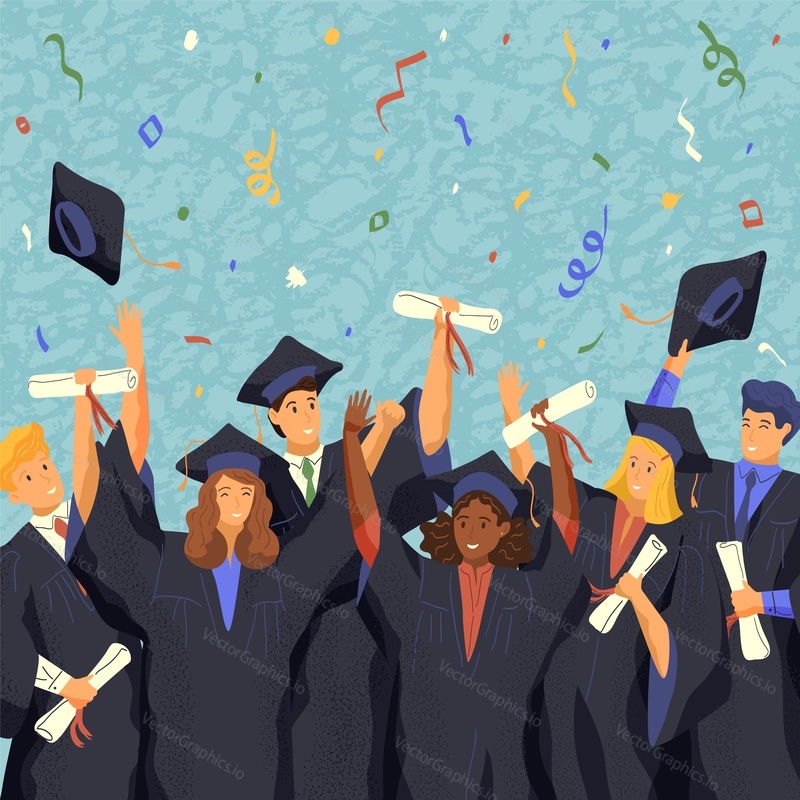 Group of graduate students wearing gown and graduation cap. University students hold diploma and celebrate graduation day concept vector illustration. College ceremony, academic degree.