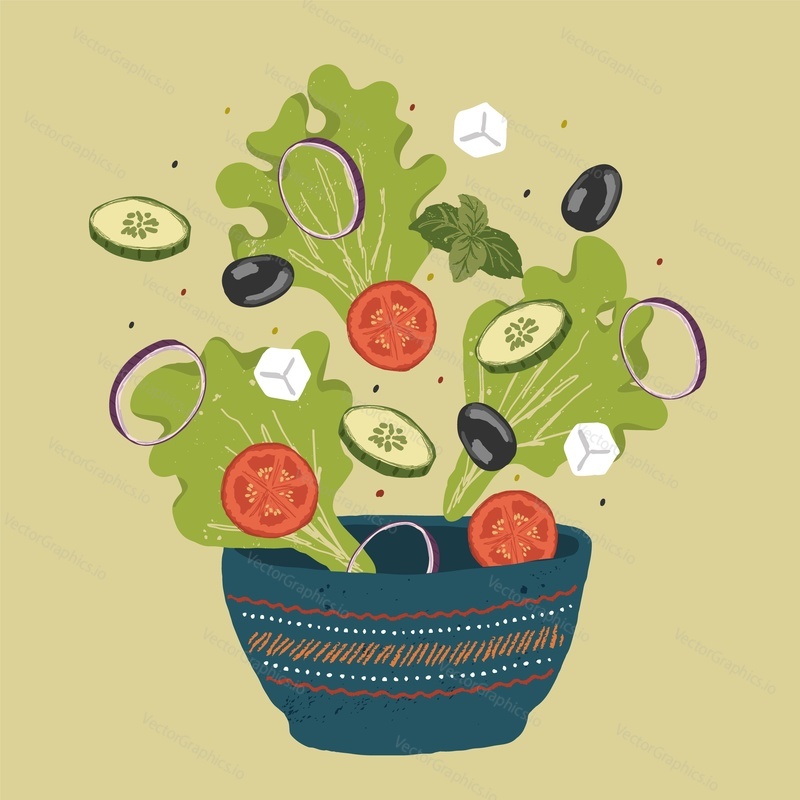 Fresh greek salad of greens and vegetables sprinkled in a deep plate. Salad recipe with lettuce, tomato, greek cheese, onion and olives. Vector hand drawn illustration.