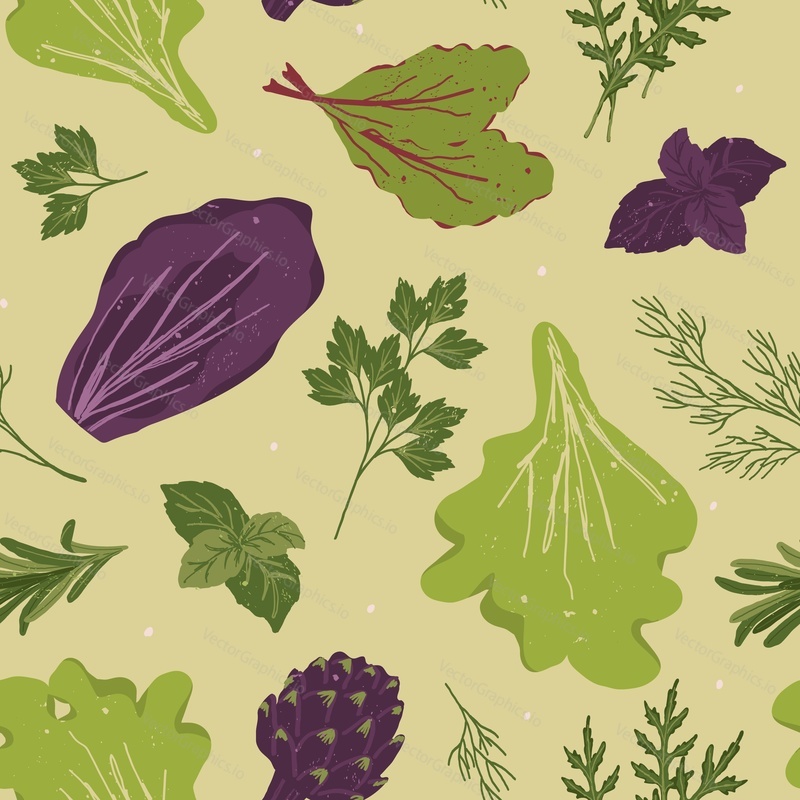 Seamless background with vegetables. Vector hand drawn illustration. Healthy food, greens, lettuce.