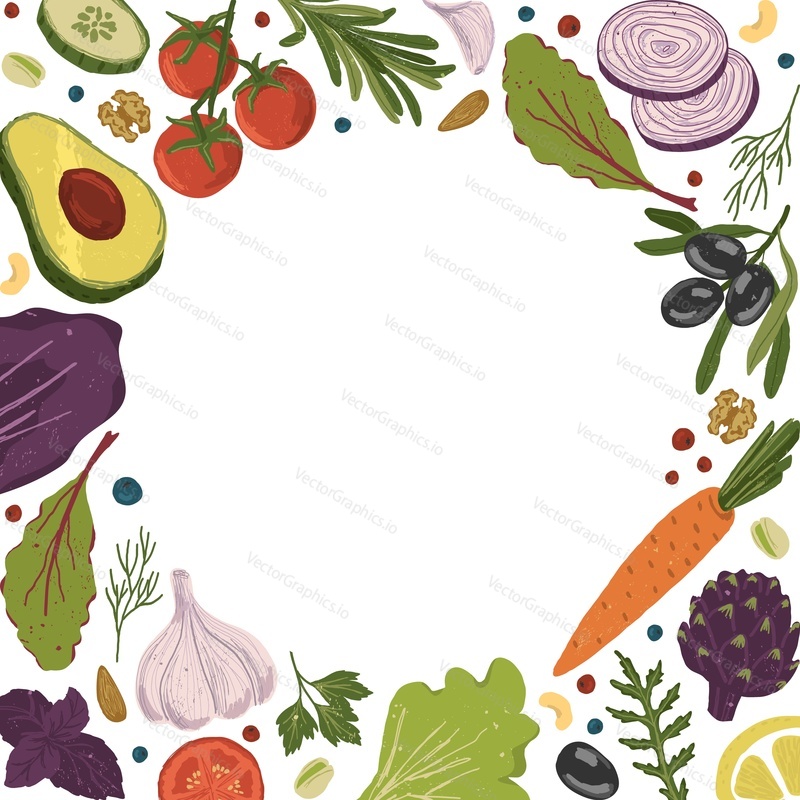 Healthy food background with copy space. Fruits and vegetables hand drawn vector illustration. Greens, carrot, olive, avocado.