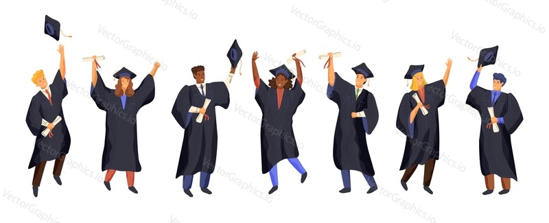 Group of graduate students wearing gown and graduation cap. University students hold diploma and celebrate graduation day. People isolated, vector illustration. College ceremony, academic degree.